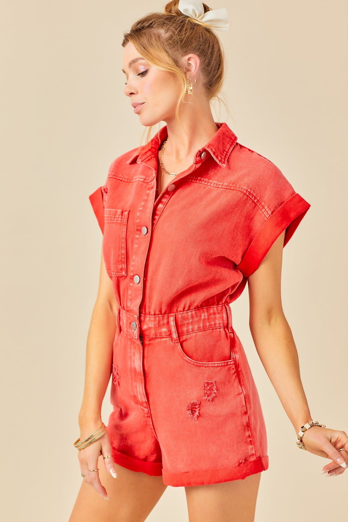 Day + Moon | Washed Red Denim Romper | Sweetest Stitch Online