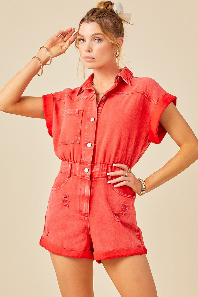 Day + Moon | Washed Red Denim Romper | Sweetest Stitch Online