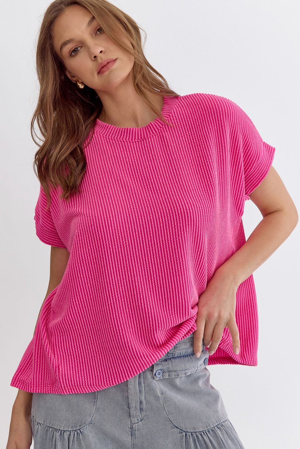 Entro | Pink Ribbed Short Sleeve Top | Sweetest Stitch Online Shop