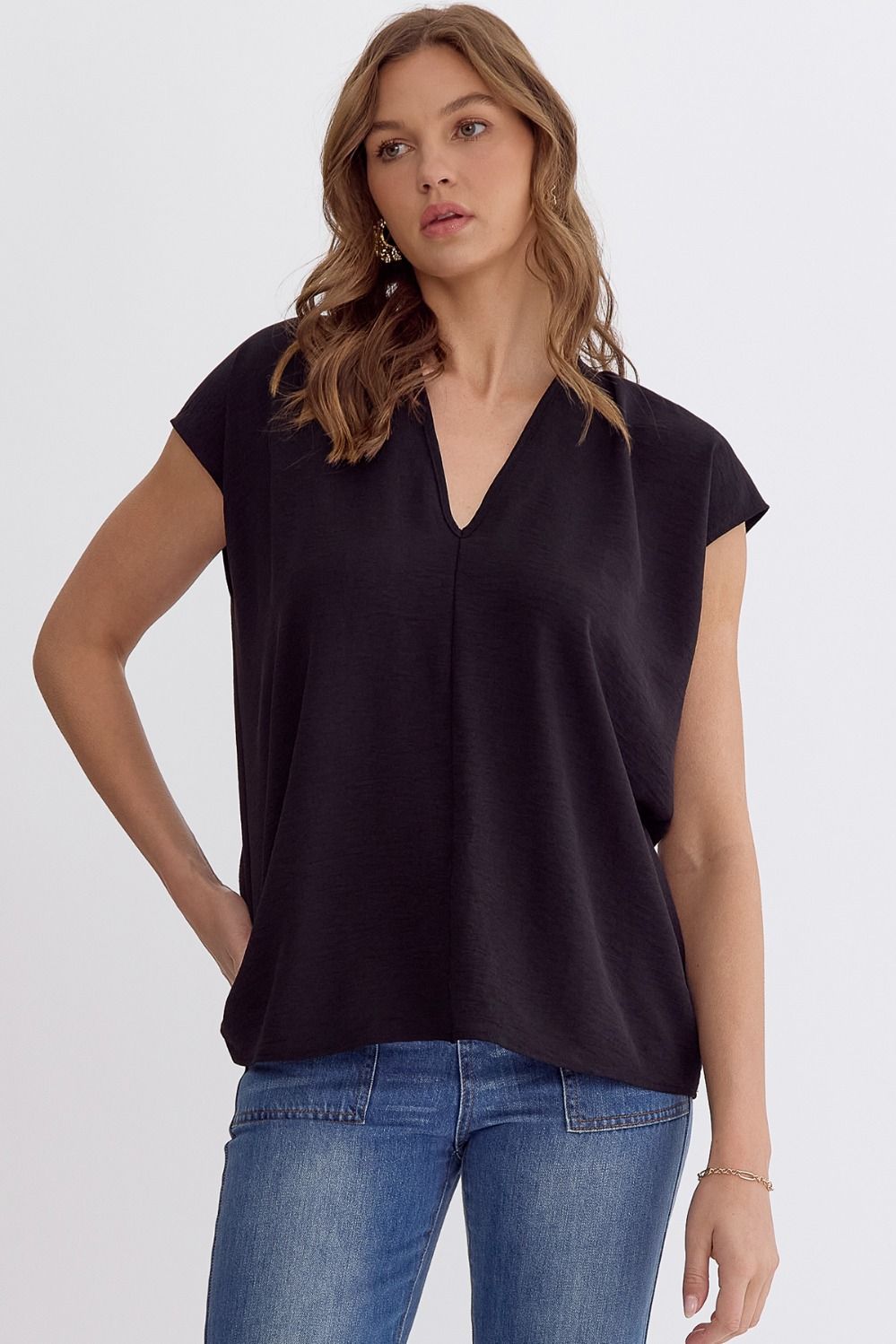 Entro | Black V-Neck Relaxed Fit Top | Sweetest Stitch Boutique