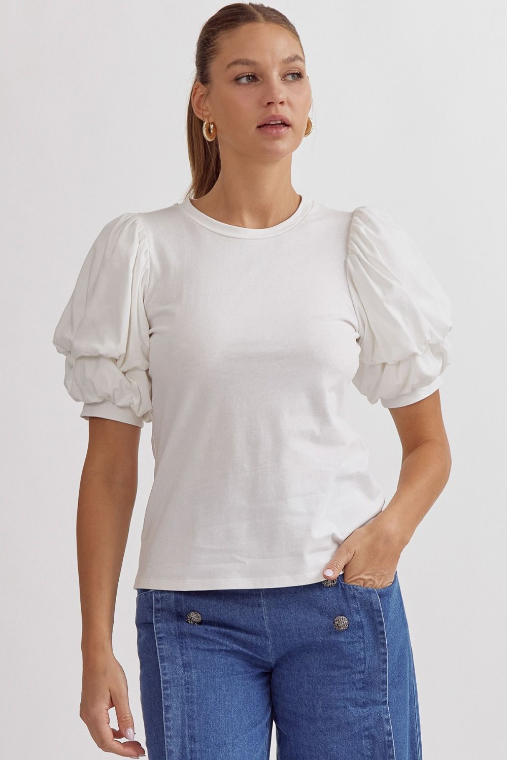 Entro | Bubble Sleeve White T-Shirt for Women | Sweetest Stitch
