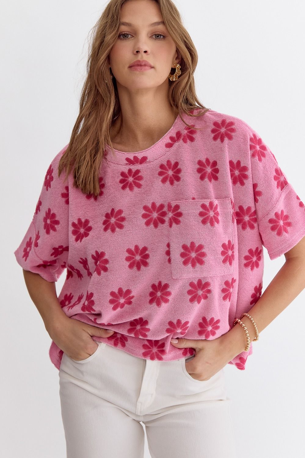 Entro | Pink Terry Cloth Flower Top | Sweetest Stitch Cute Tops