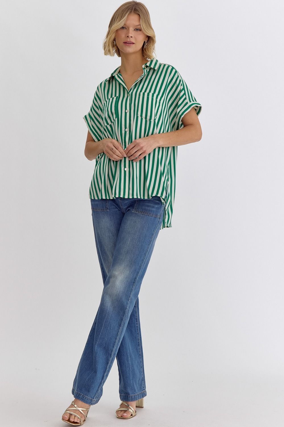 Entro | Green Striped Button Down Top | Sweetest Stitch Boutique