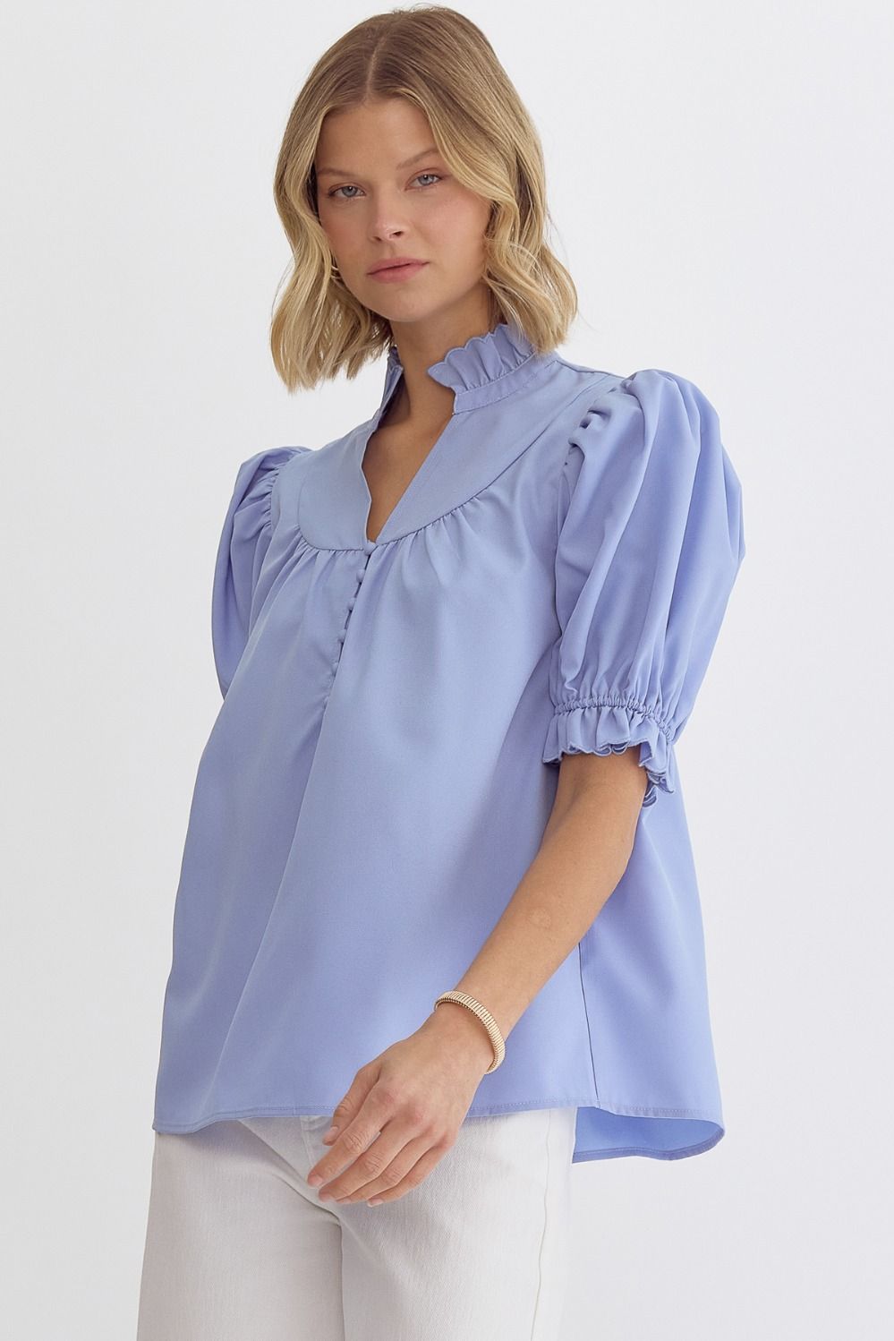 Entro | Puff Sleeve Light Blue Top | Sweetest Stitch Online Boutique