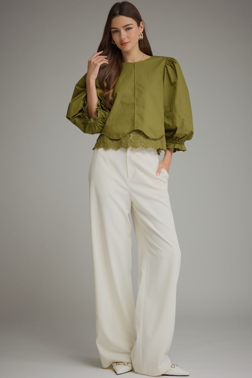 Entro | Kaleigh Balloon Sleeve Top - Martini Olive | Sweetest Stitch