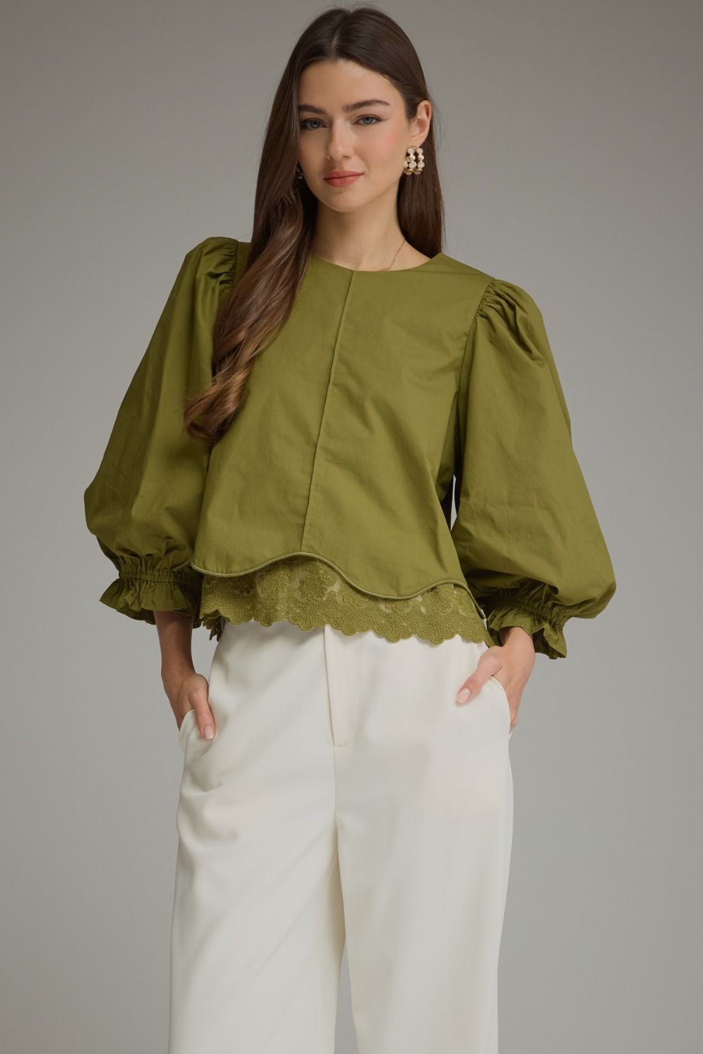 Entro | Kaleigh Balloon Sleeve Top - Martini Olive | Sweetest Stitch