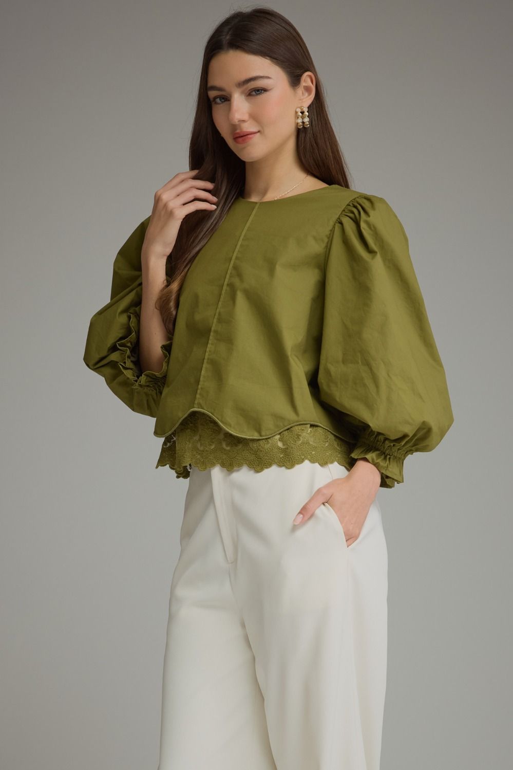 Entro | Kaleigh Balloon Sleeve Top - Martini Olive | Sweetest Stitch