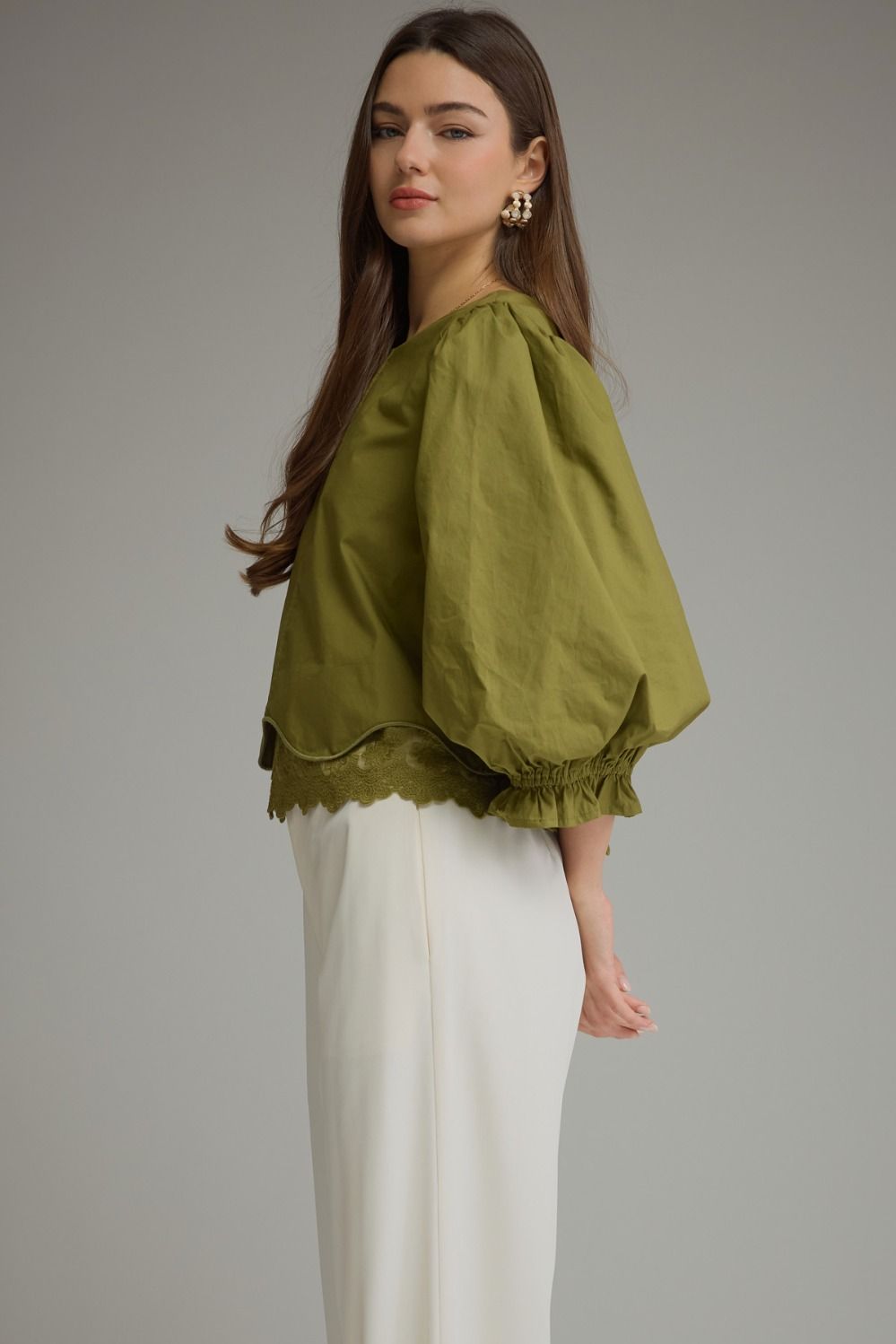 Entro | Kaleigh Balloon Sleeve Top - Martini Olive | Sweetest Stitch
