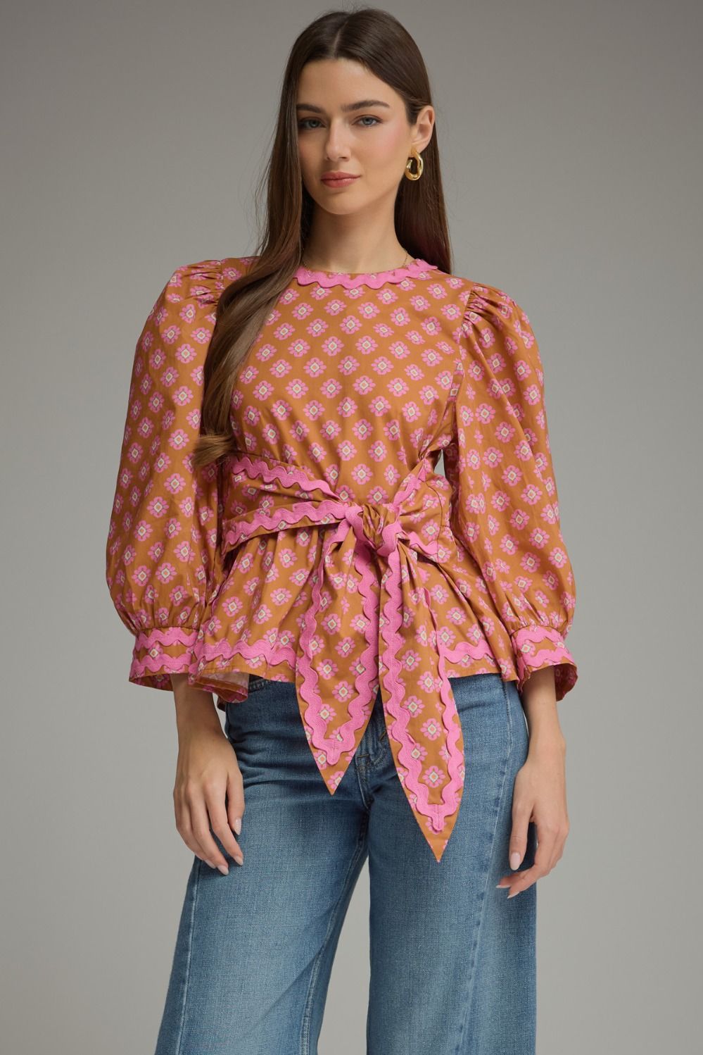 Entro | Becca Tie Front Floral Top - Camel/Pink | Sweetest Stitch Boutique