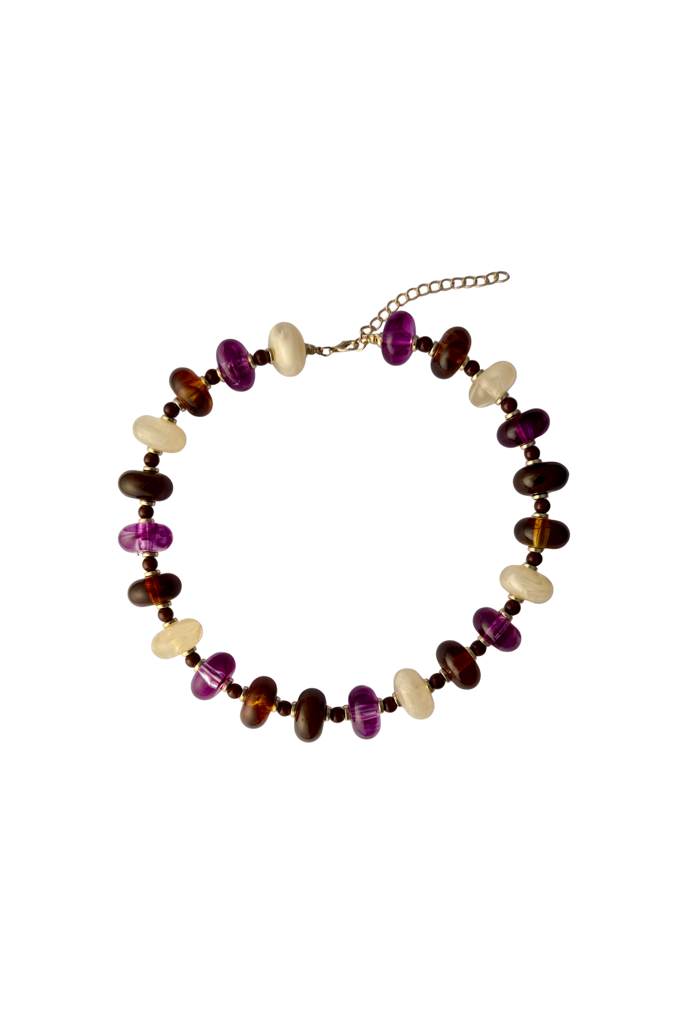 Haven multi-color beaded collar necklace featuring translucent purple, amber tortoiseshell, and cream beads