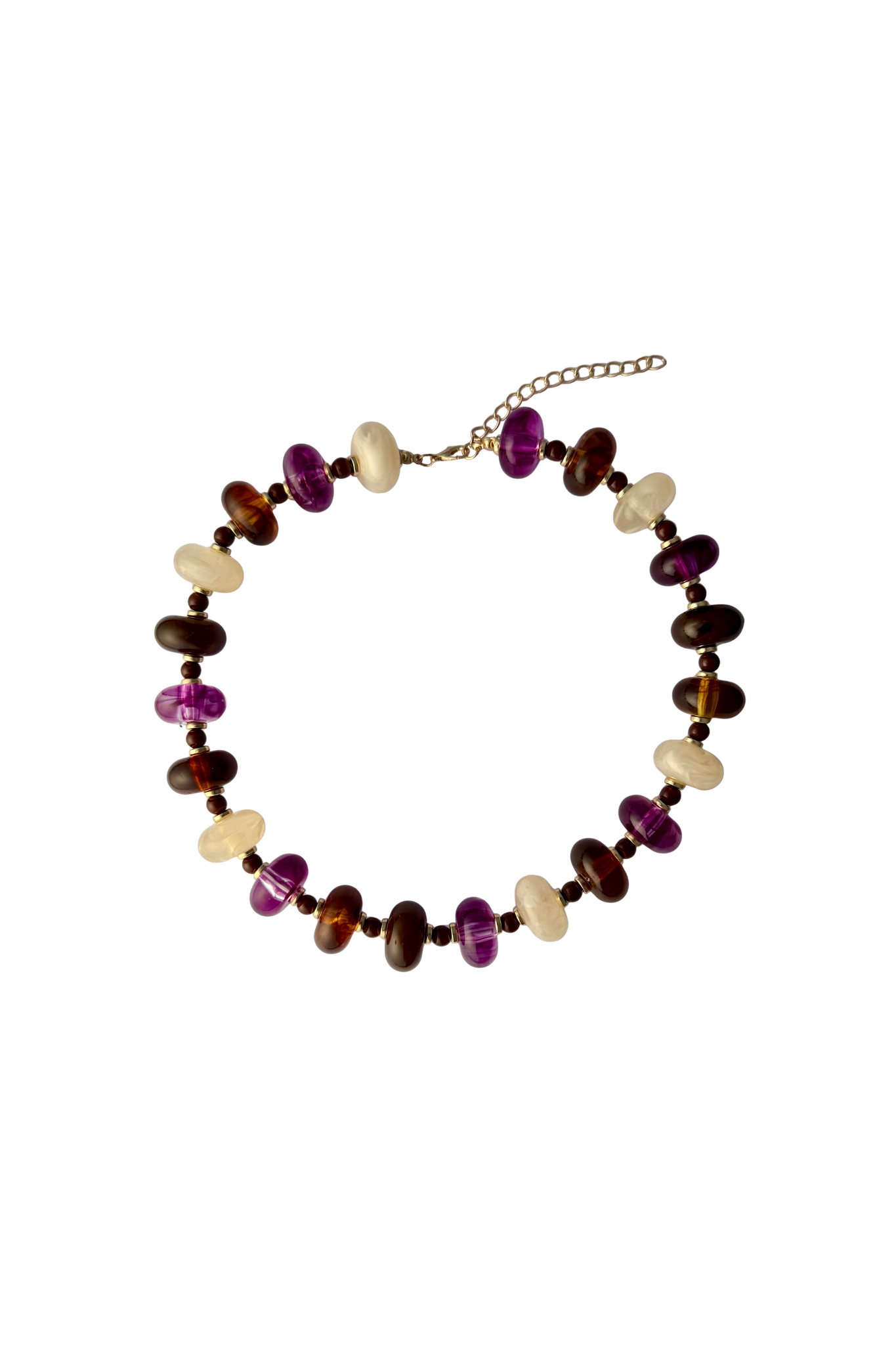 Haven multi-color beaded collar necklace featuring translucent purple, amber tortoiseshell, and cream beads