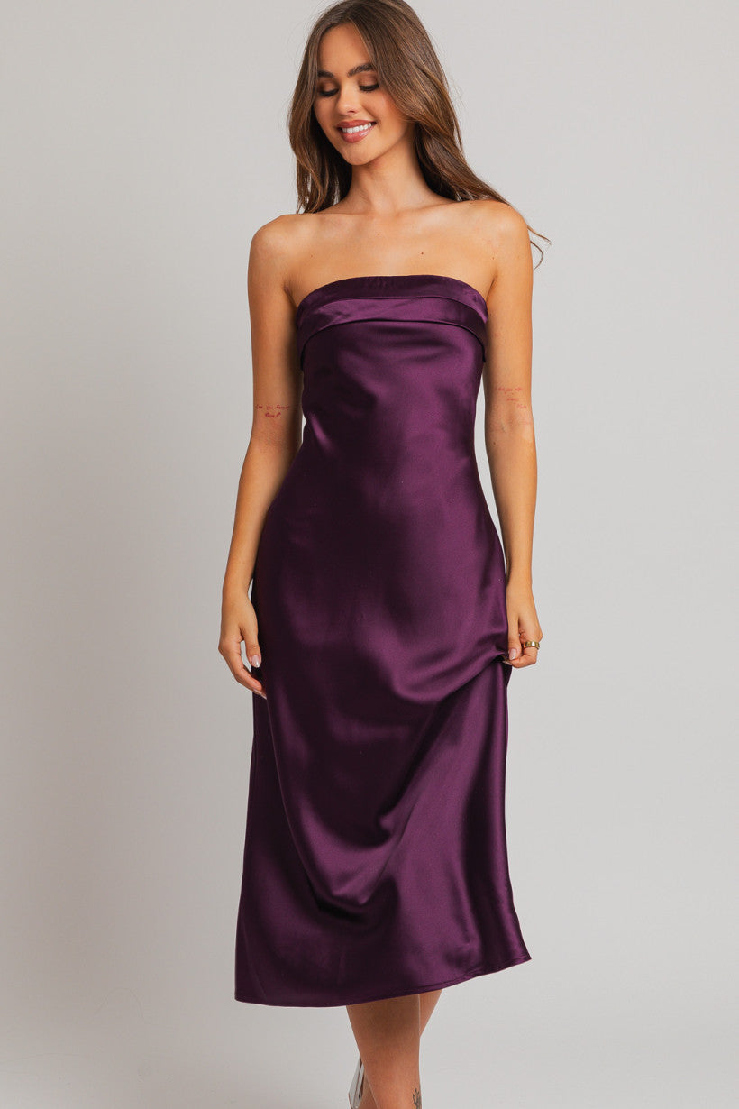 Le Lis | Purple Satin Wedding Guest Dress | Sweetest Stitch Online