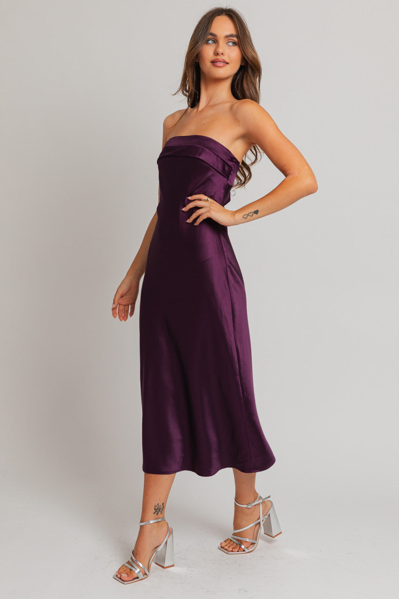 Le Lis | Purple Satin Wedding Guest Dress | Sweetest Stitch Online