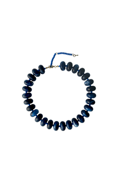 Remi marbled navy and royal blue disc bead choker necklace with beaded tail detail