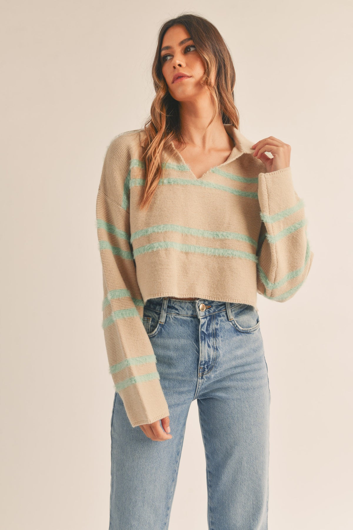 Mable | Fuzzy Striped Collared Cropped Sweater | Sweetest Stitch