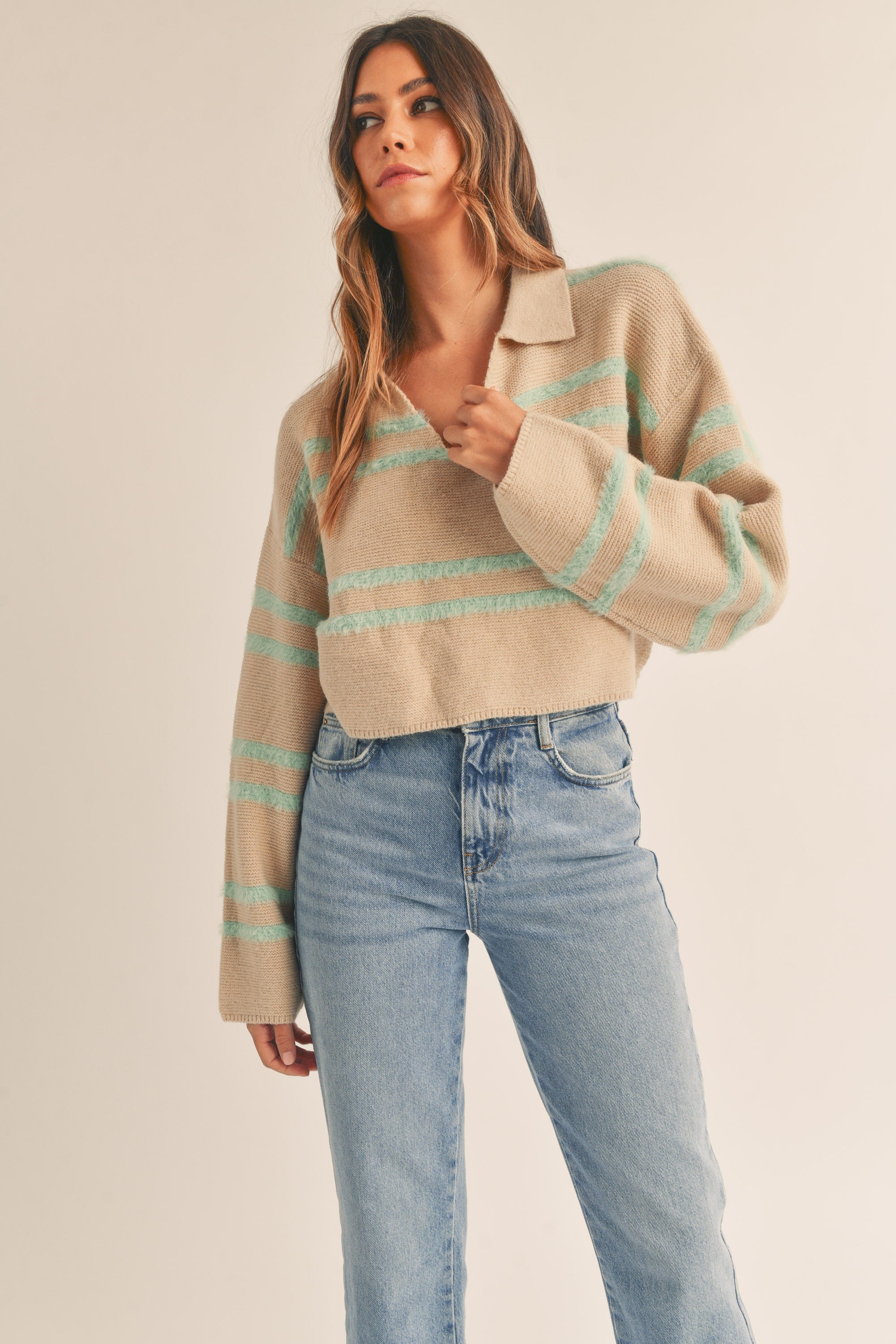 Mable | Fuzzy Striped Collared Cropped Sweater | Sweetest Stitch