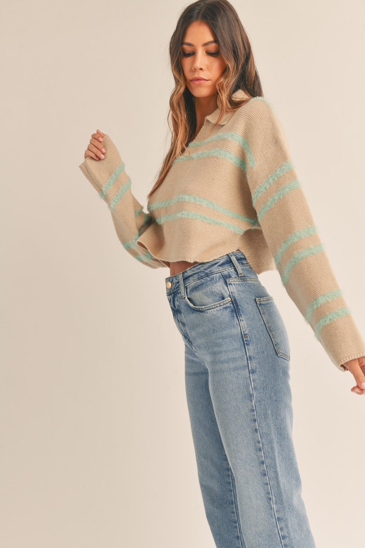 Mable | Fuzzy Striped Collared Cropped Sweater | Sweetest Stitch