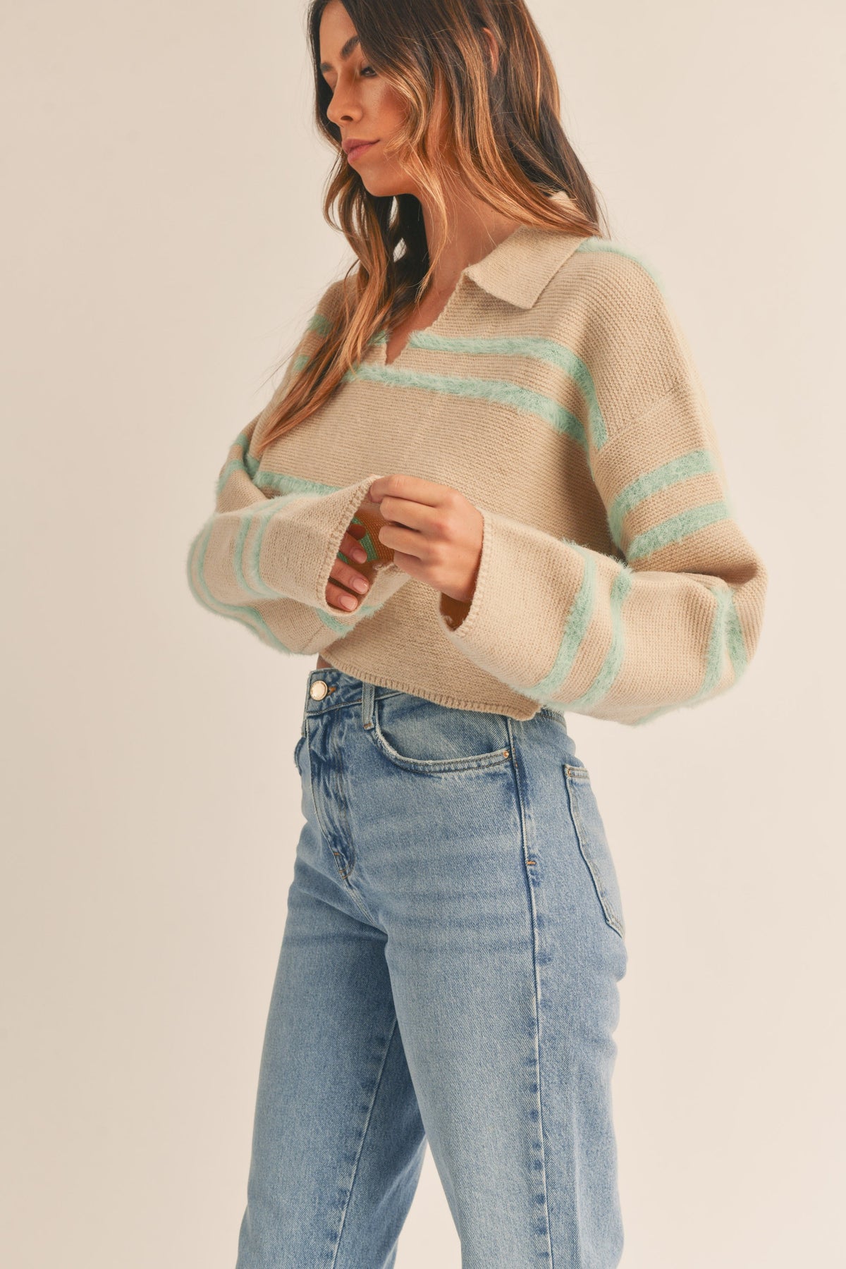 Mable | Fuzzy Striped Collared Cropped Sweater | Sweetest Stitch