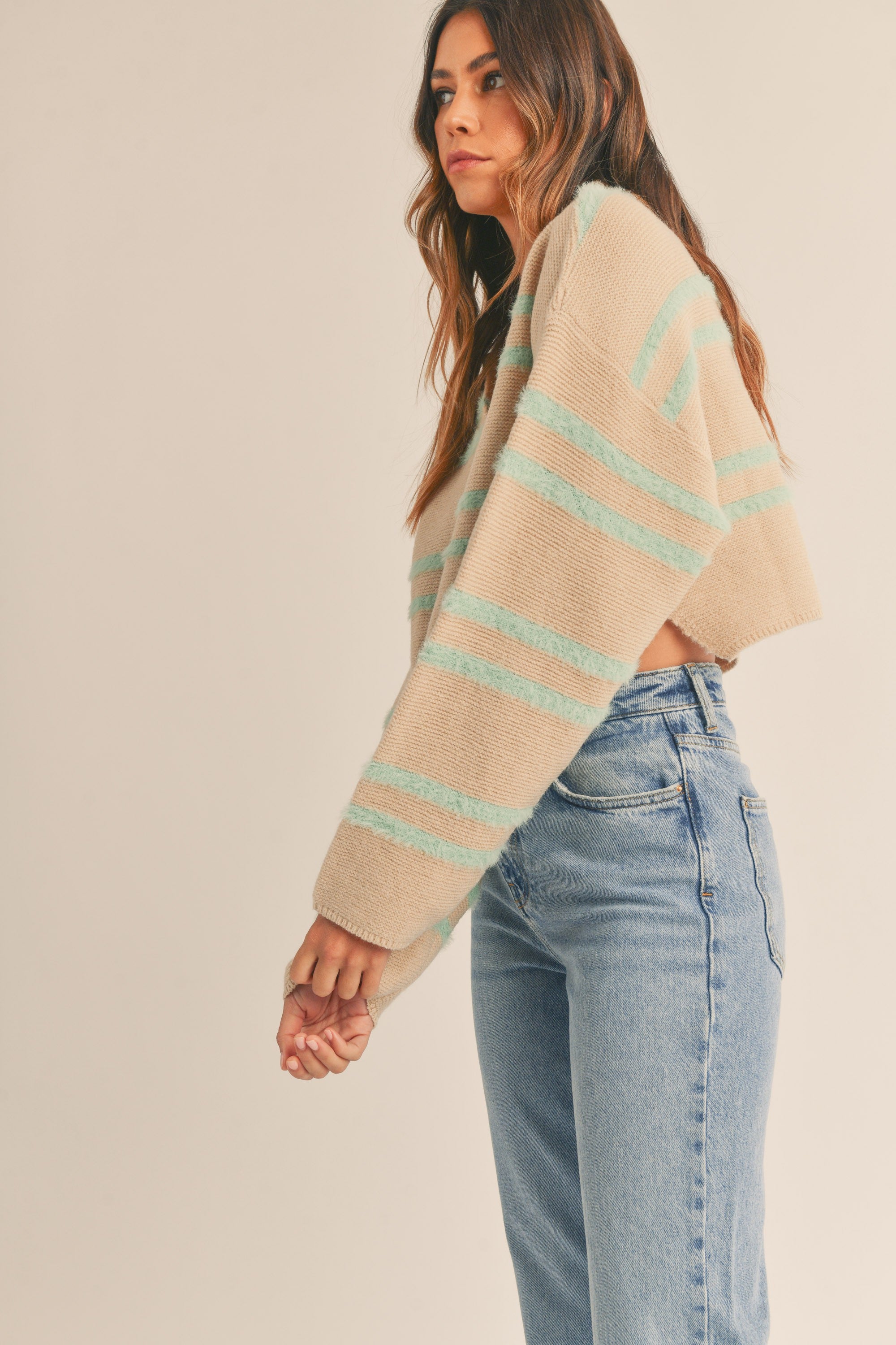 Mable | Fuzzy Striped Collared Cropped Sweater | Sweetest Stitch