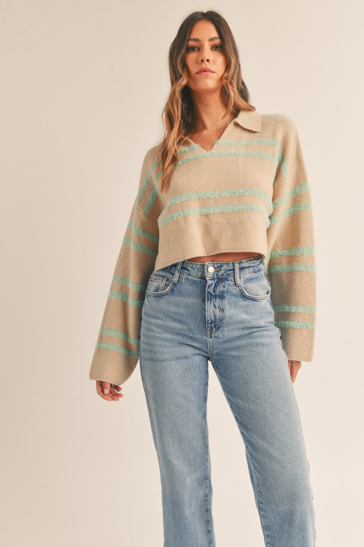 Mable | Fuzzy Striped Collared Cropped Sweater | Sweetest Stitch