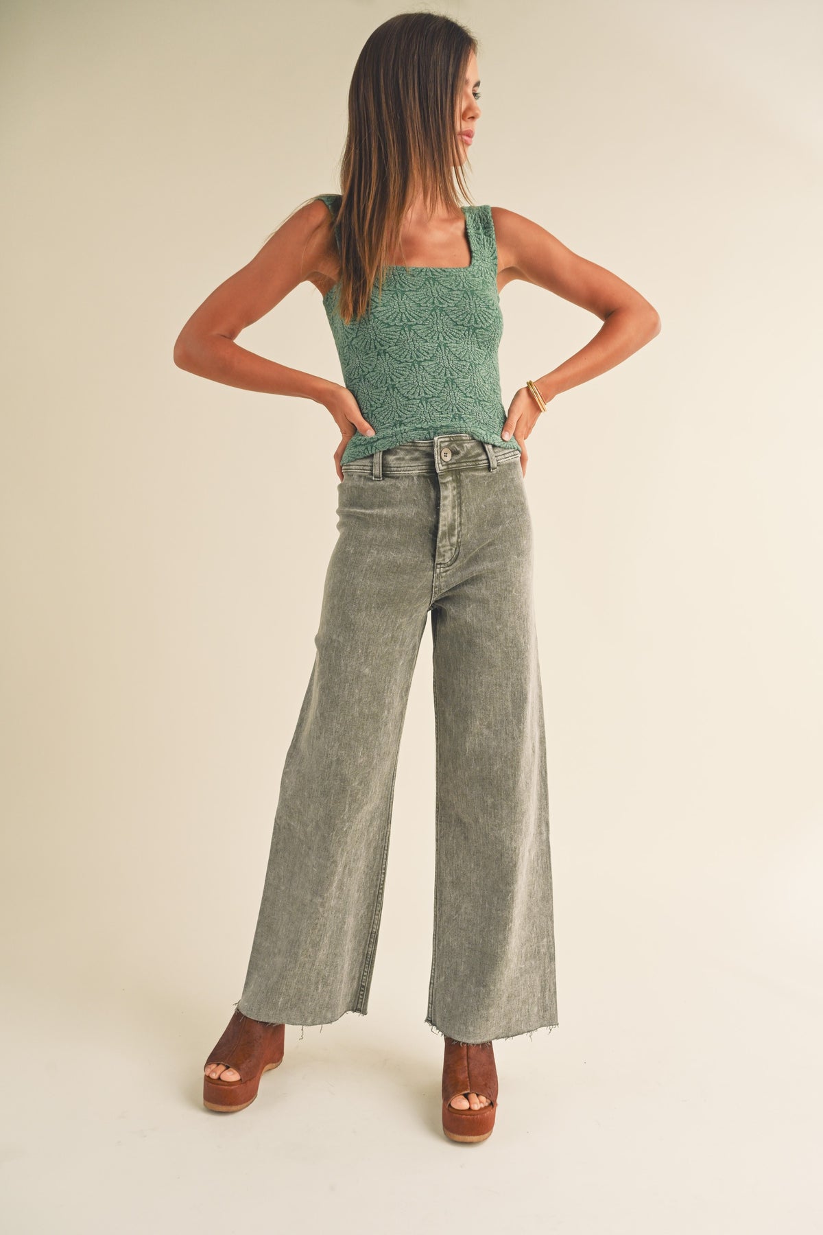 Miou Muse | Textured Knit Tank Top Green | Sweetest Stitch Women