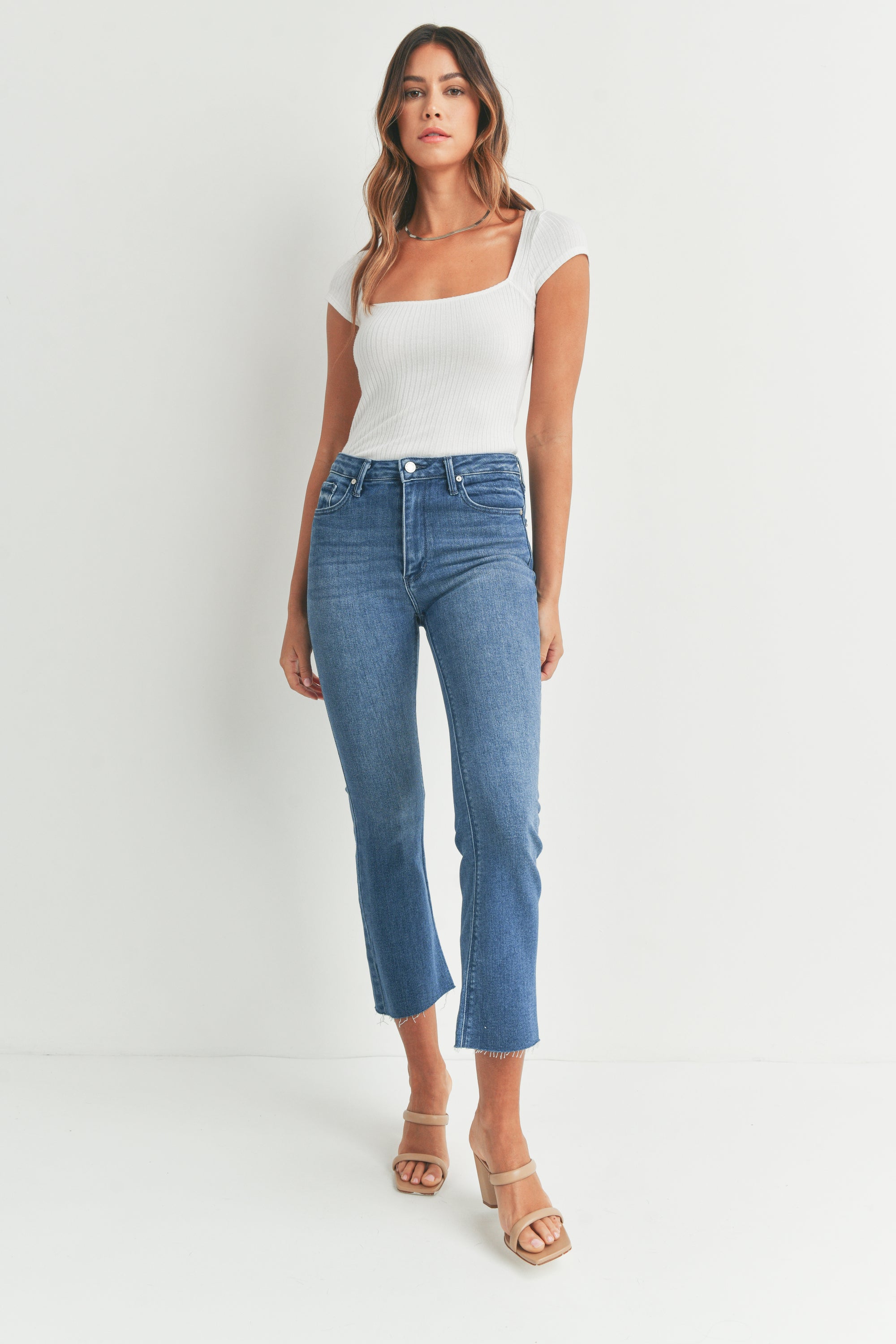Just Black Denim | Medium Wash Crop Flare Jeans | Sweetest Stitch