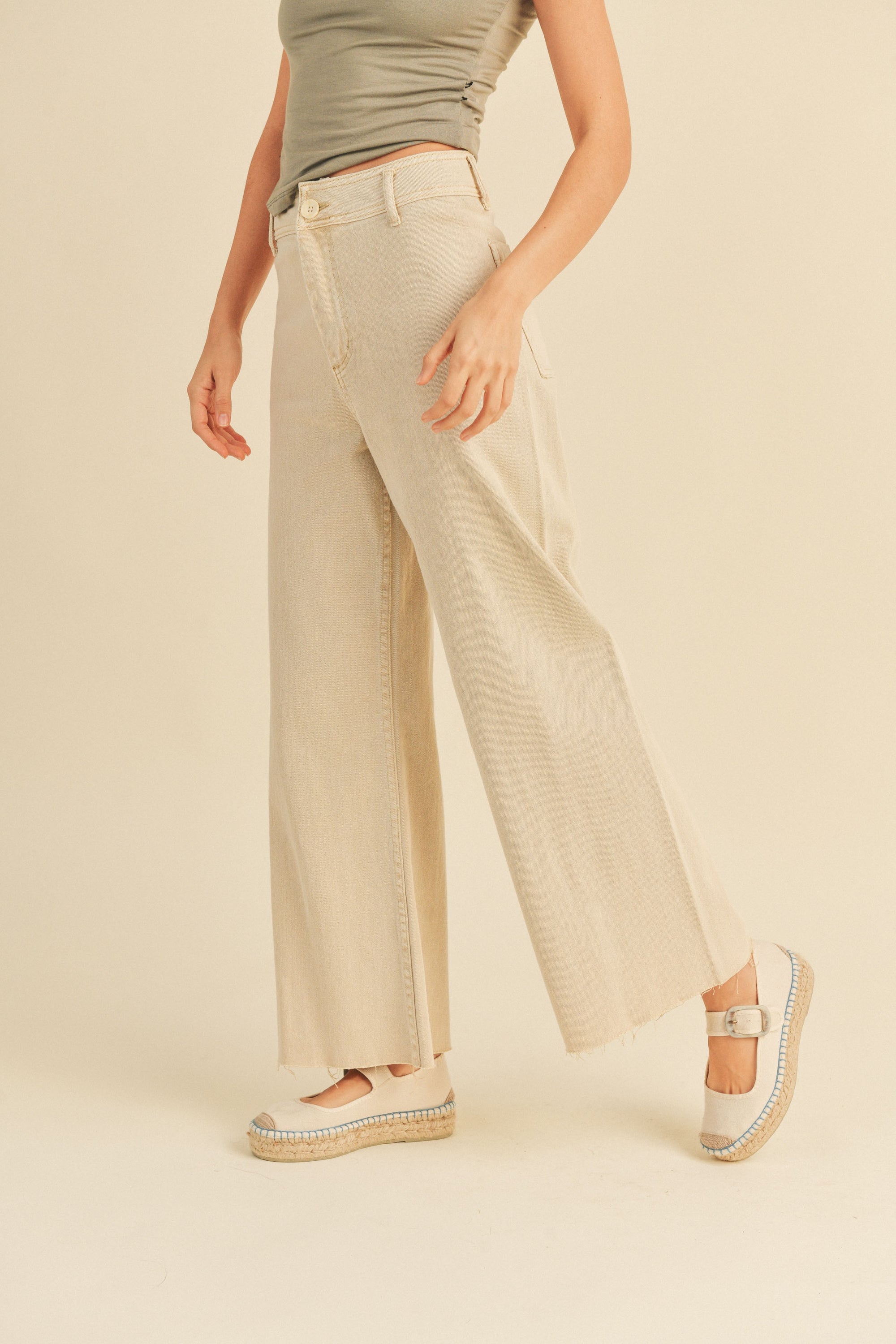 Miou Muse | Beige Stretch Wide Leg Pants | Sweetest Stitch Women